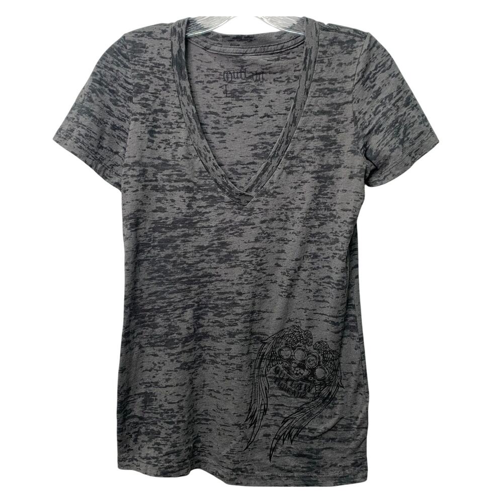 VTG Outlaw Threadz Y2K Womens Large Gray Brass Knuckles Burnout Short Sleeve Tee